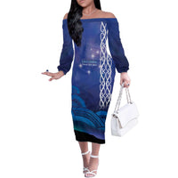 Personalised Matariki New Zealand Family Matching Off The Shoulder Long Sleeve Dress and Hawaiian Shirt Maori New Year Galaxy Koru Pattern LT14 Mom's Dress Blue - Polynesian Pride