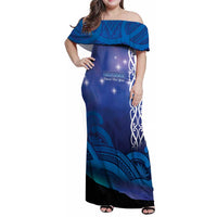 Personalised Matariki New Zealand Family Matching Off Shoulder Maxi Dress and Hawaiian Shirt Maori New Year Galaxy Koru Pattern LT14 Mom's Dress Blue - Polynesian Pride