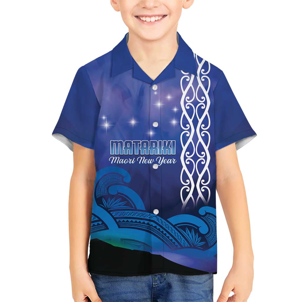 Personalised Matariki New Zealand Family Matching Off Shoulder Short Dress and Hawaiian Shirt Maori New Year Galaxy Koru Pattern LT14 Son's Shirt Blue - Polynesian Pride