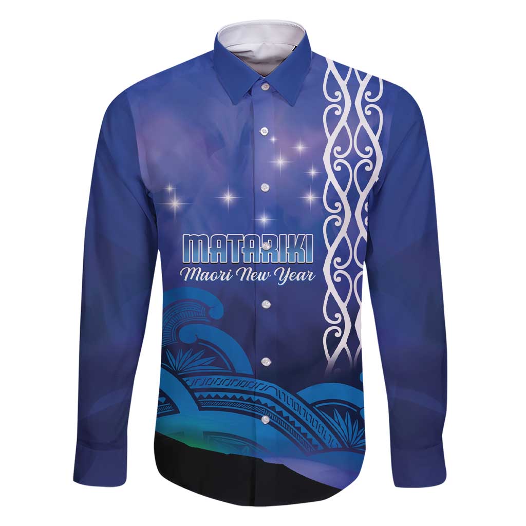 Personalised Matariki New Zealand Family Matching Short Sleeve Bodycon Dress and Hawaiian Shirt Maori New Year Galaxy Koru Pattern LT14 Dad's Shirt - Long Sleeve Blue - Polynesian Pride