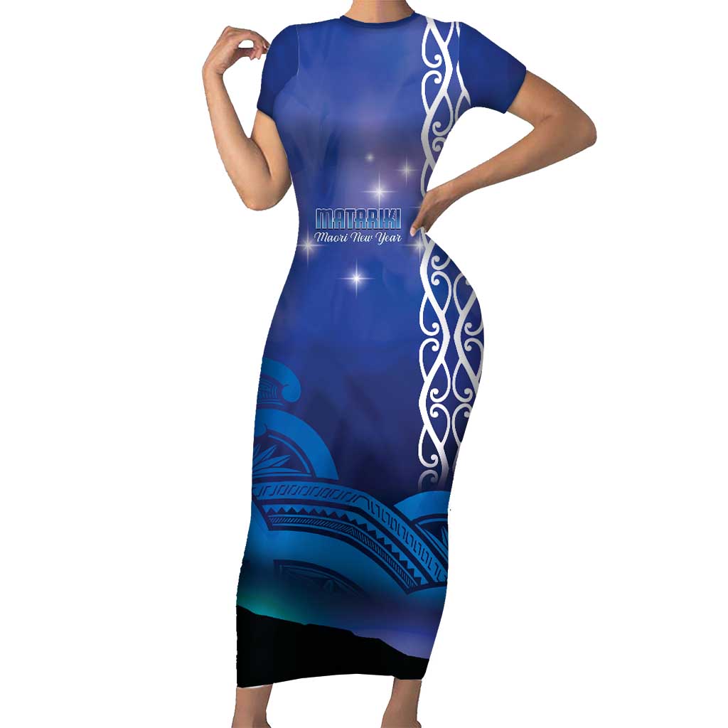 Personalised Matariki New Zealand Family Matching Short Sleeve Bodycon Dress and Hawaiian Shirt Maori New Year Galaxy Koru Pattern LT14 Mom's Dress Blue - Polynesian Pride