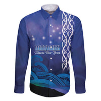 Personalised Matariki New Zealand Family Matching Summer Maxi Dress and Hawaiian Shirt Maori New Year Galaxy Koru Pattern LT14 Dad's Shirt - Long Sleeve Blue - Polynesian Pride