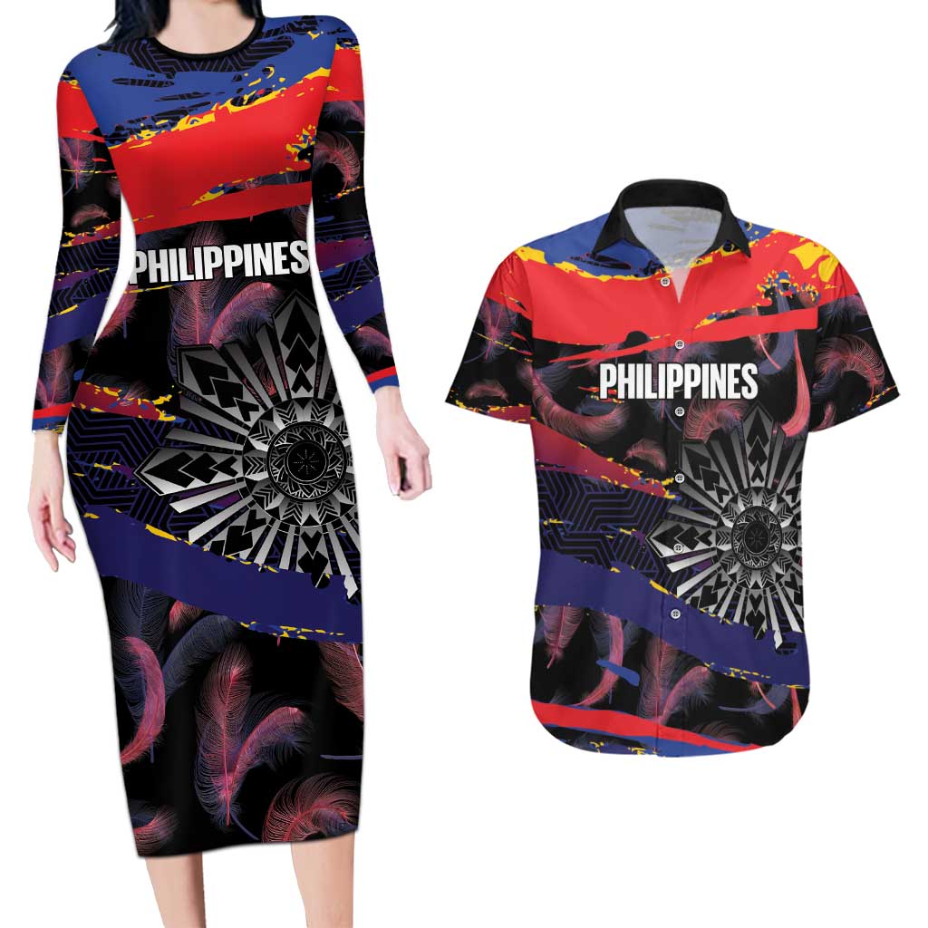 Philippines Sun Tattoo Couples Matching Long Sleeve Bodycon Dress and Hawaiian Shirt Feathers Filipinas Grunge Style Black