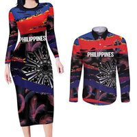 Philippines Sun Tattoo Couples Matching Long Sleeve Bodycon Dress and Long Sleeve Button Shirt Feathers Filipinas Grunge Style Black