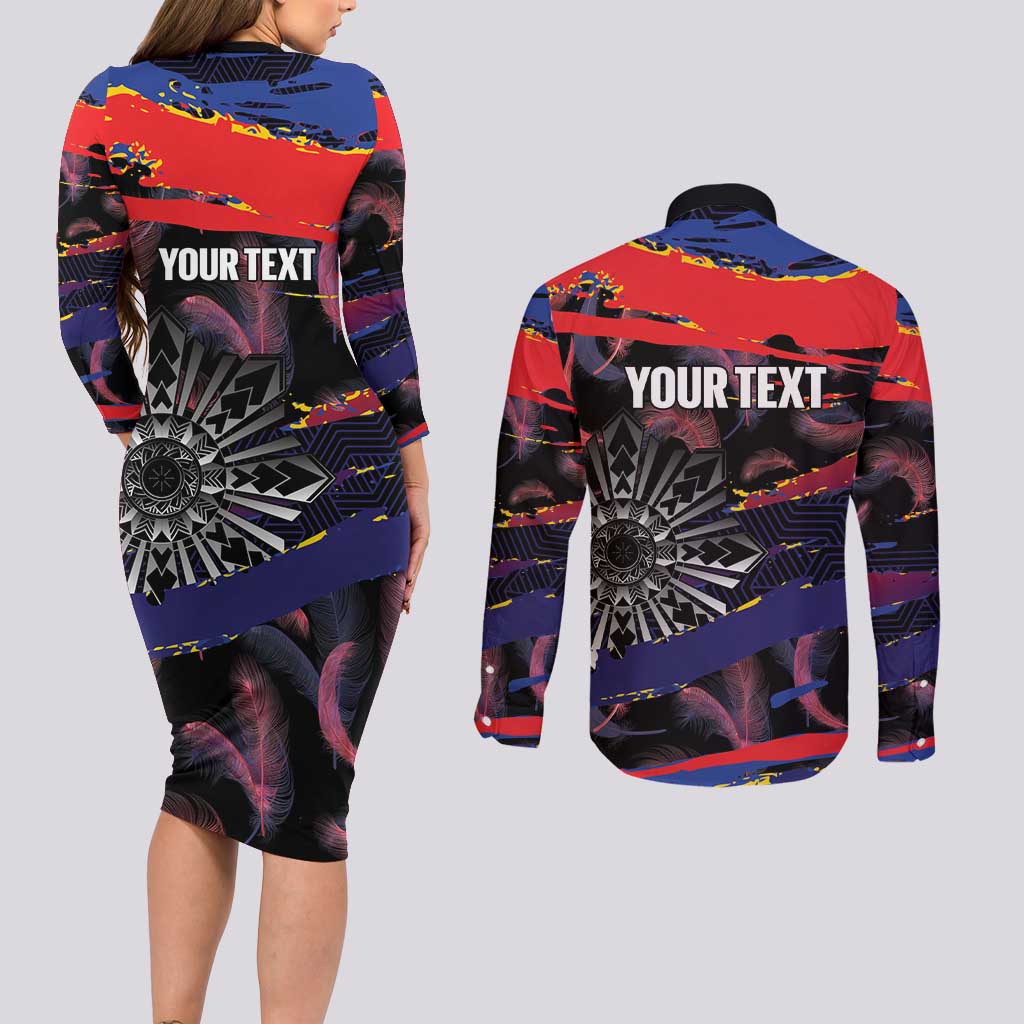 Philippines Sun Tattoo Couples Matching Long Sleeve Bodycon Dress and Long Sleeve Button Shirt Feathers Filipinas Grunge Style Black