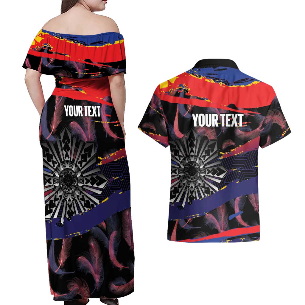 Philippines Sun Tattoo Couples Matching Off Shoulder Maxi Dress and Hawaiian Shirt Feathers Filipinas Grunge Style Black