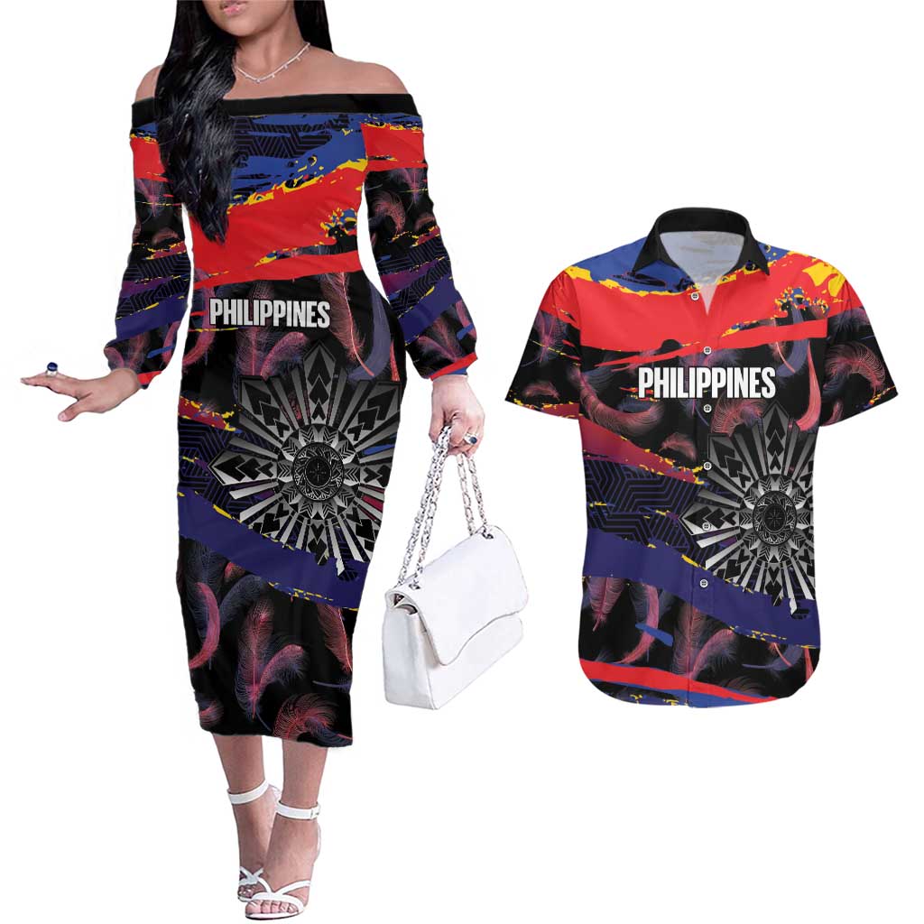 Philippines Sun Tattoo Couples Matching Off The Shoulder Long Sleeve Dress and Hawaiian Shirt Feathers Filipinas Grunge Style Black