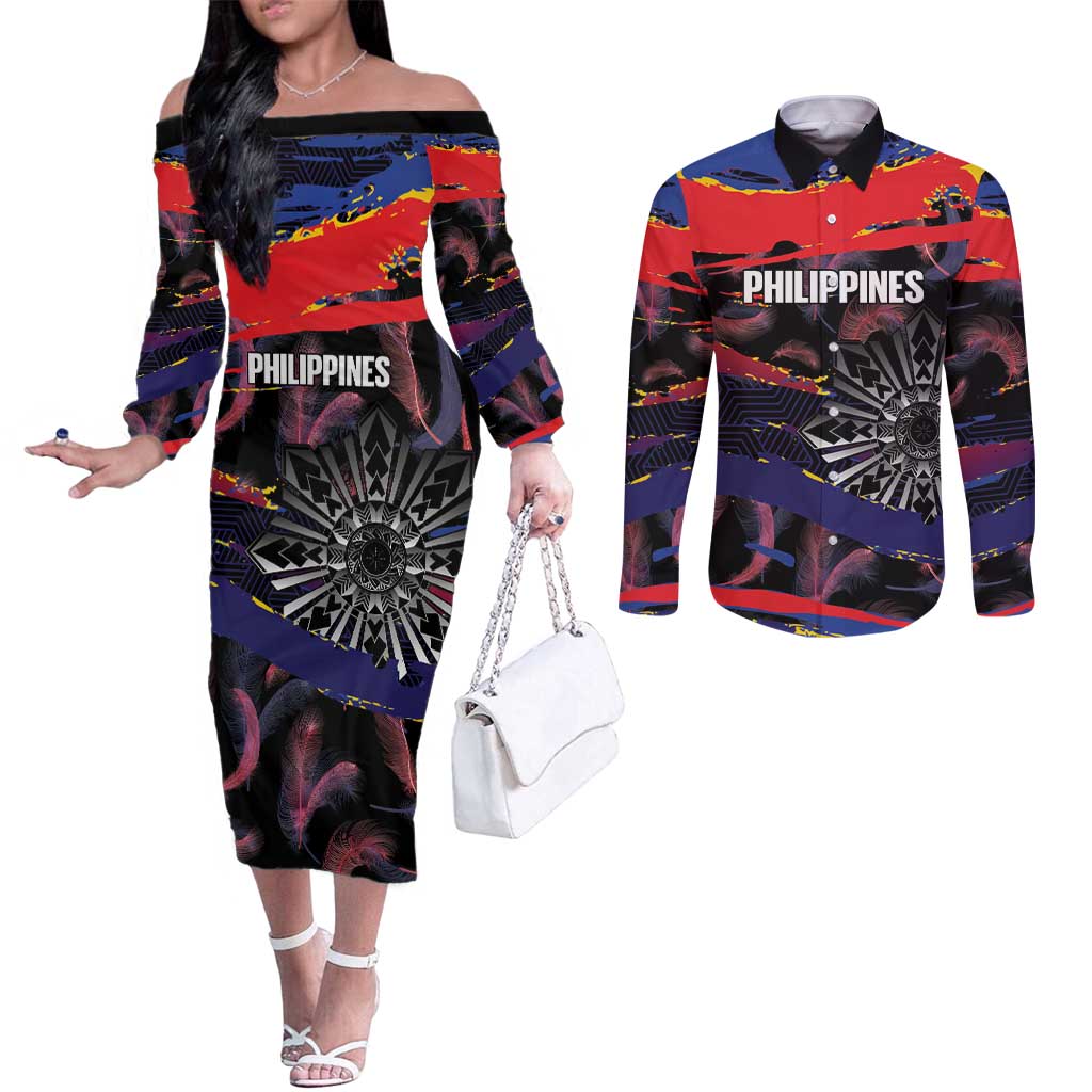 Philippines Sun Tattoo Couples Matching Off The Shoulder Long Sleeve Dress and Long Sleeve Button Shirt Feathers Filipinas Grunge Style Black