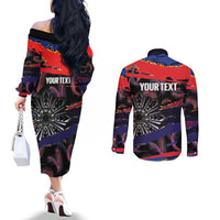 Philippines Sun Tattoo Couples Matching Off The Shoulder Long Sleeve Dress and Long Sleeve Button Shirt Feathers Filipinas Grunge Style Black