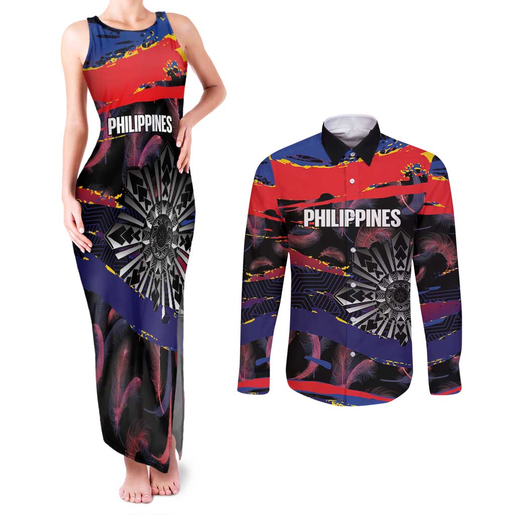 Philippines Sun Tattoo Couples Matching Tank Maxi Dress and Long Sleeve Button Shirt Feathers Filipinas Grunge Style Black