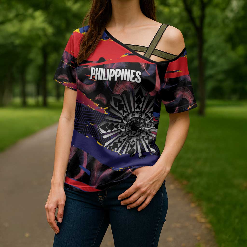 Philippines Sun Tattoo Cross Shoulder Shirt Feathers Filipinas Grunge Style Black