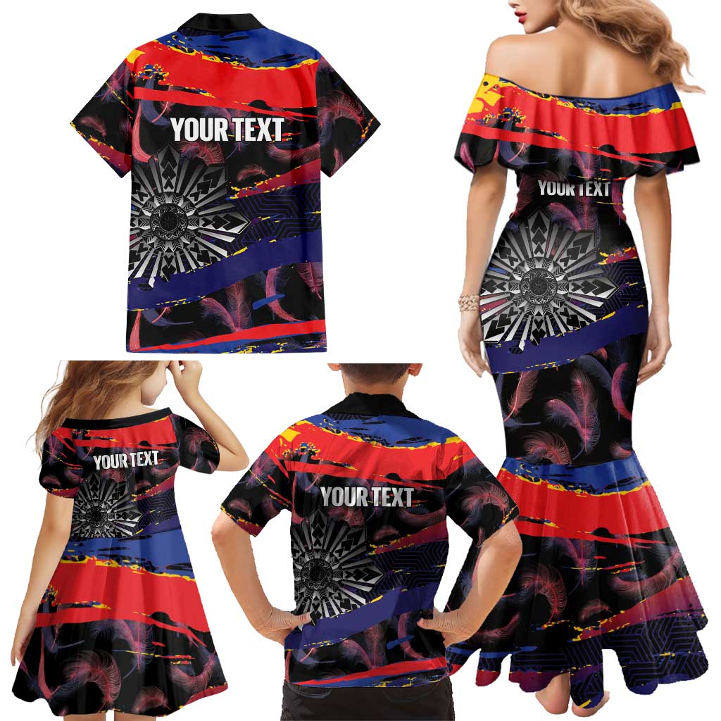 Philippines Sun Tattoo Family Matching Mermaid Dress and Hawaiian Shirt Feathers Filipinas Grunge Style Black LT14 - Polynesian Pride