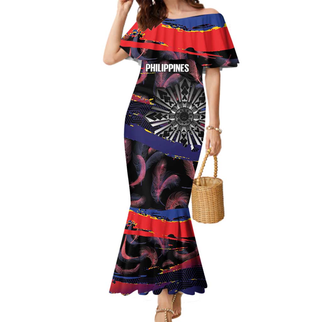 Philippines Sun Tattoo Family Matching Mermaid Dress and Hawaiian Shirt Feathers Filipinas Grunge Style Black LT14 Mom's Dress Black - Polynesian Pride