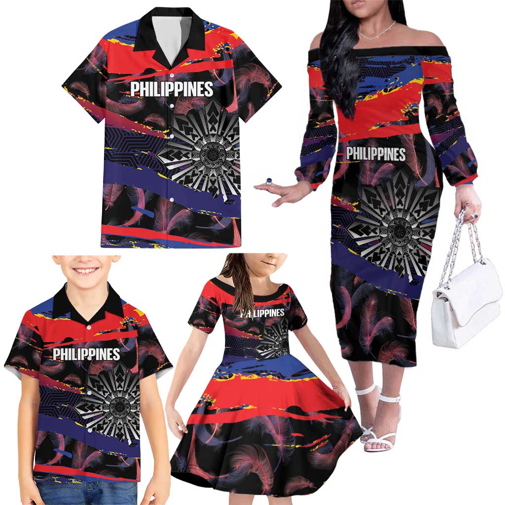 Philippines Sun Tattoo Family Matching Off The Shoulder Long Sleeve Dress and Hawaiian Shirt Feathers Filipinas Grunge Style Black LT14 - Polynesian Pride