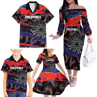 Philippines Sun Tattoo Family Matching Off The Shoulder Long Sleeve Dress and Hawaiian Shirt Feathers Filipinas Grunge Style Black LT14 - Polynesian Pride