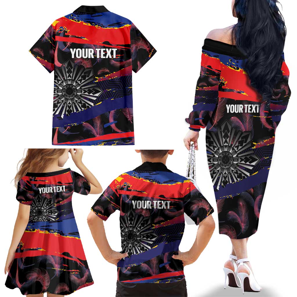 Philippines Sun Tattoo Family Matching Off The Shoulder Long Sleeve Dress and Hawaiian Shirt Feathers Filipinas Grunge Style Black LT14 - Polynesian Pride