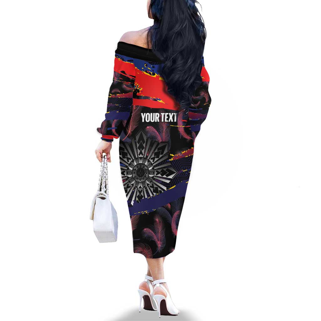 Philippines Sun Tattoo Family Matching Off The Shoulder Long Sleeve Dress and Hawaiian Shirt Feathers Filipinas Grunge Style Black LT14 - Polynesian Pride