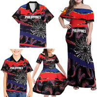 Philippines Sun Tattoo Family Matching Off Shoulder Maxi Dress and Hawaiian Shirt Feathers Filipinas Grunge Style Black LT14 - Polynesian Pride