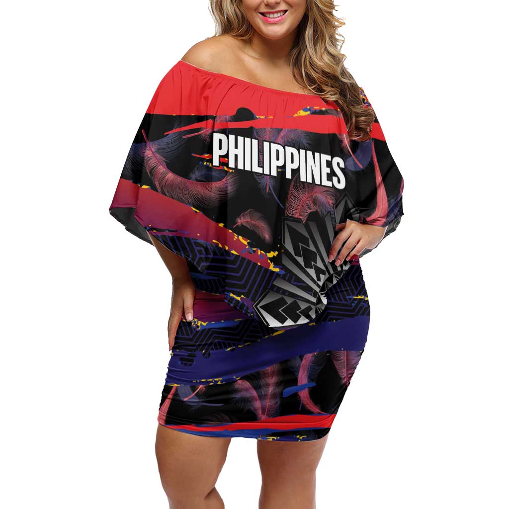 Philippines Sun Tattoo Family Matching Off Shoulder Short Dress and Hawaiian Shirt Feathers Filipinas Grunge Style Black LT14 Mom's Dress Black - Polynesian Pride