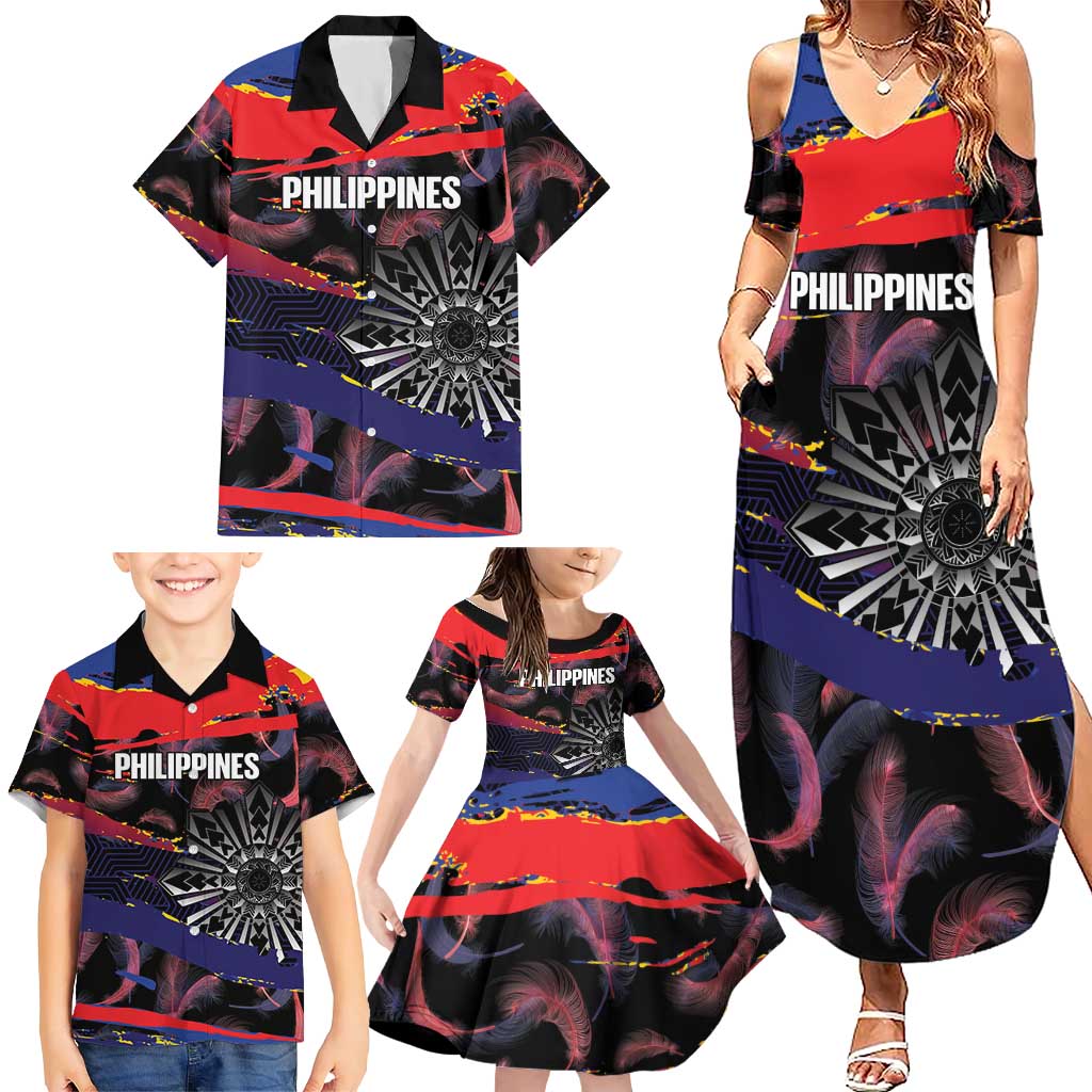 Philippines Sun Tattoo Family Matching Summer Maxi Dress and Hawaiian Shirt Feathers Filipinas Grunge Style Black