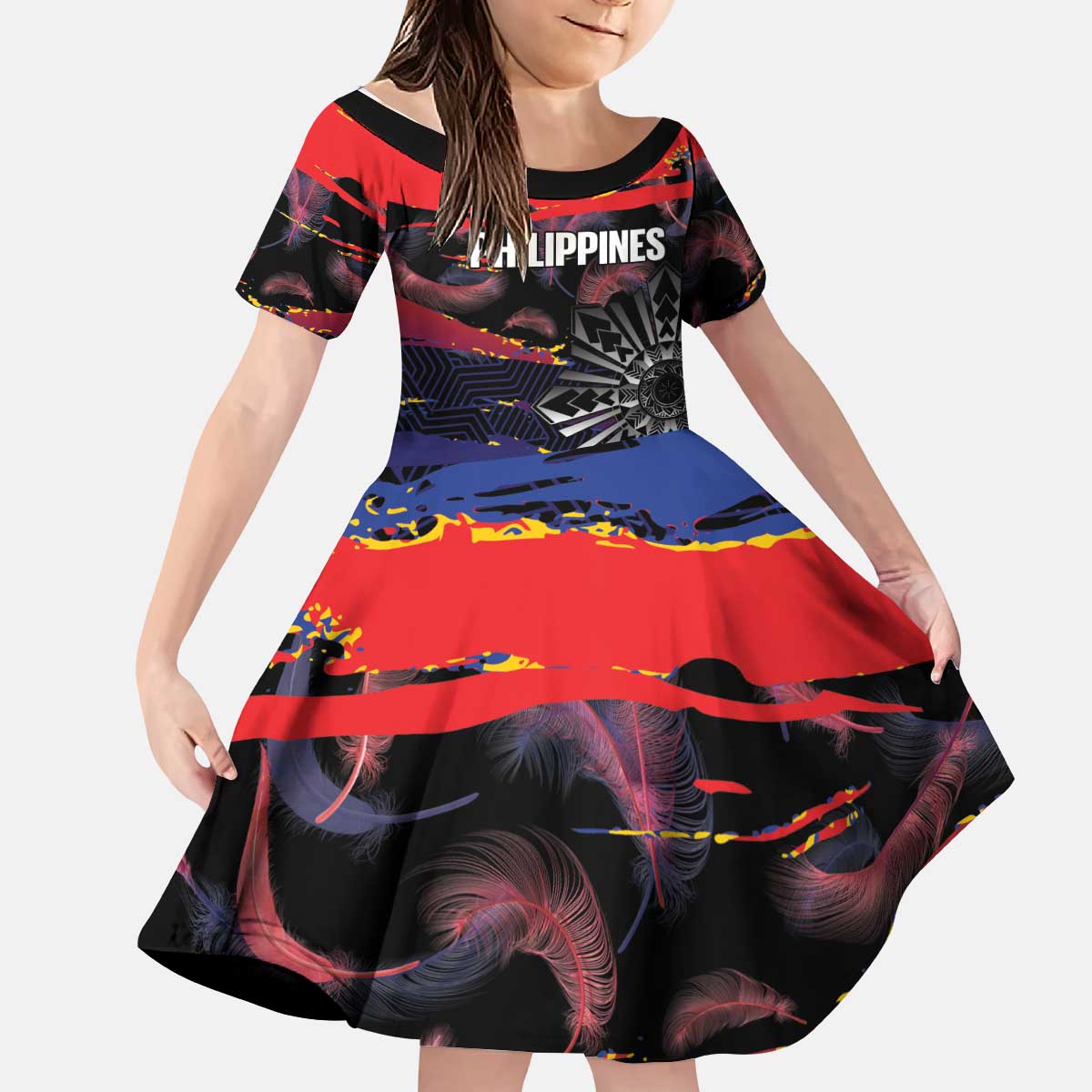 Philippines Sun Tattoo Kid Short Sleeve Dress Feathers Filipinas Grunge Style Black