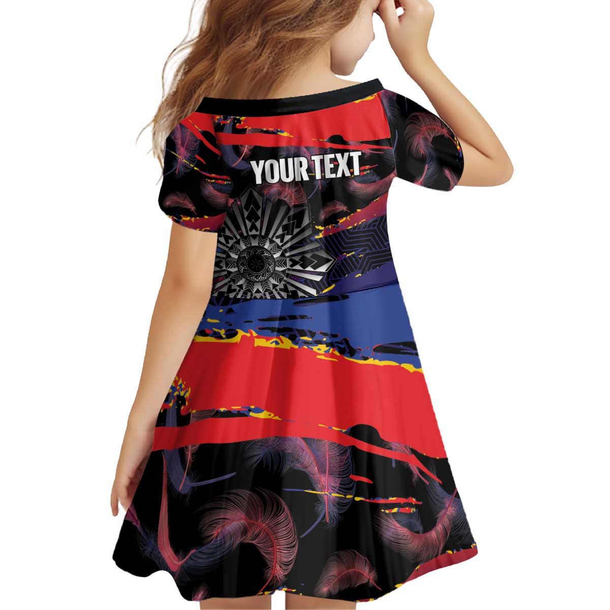 Philippines Sun Tattoo Kid Short Sleeve Dress Feathers Filipinas Grunge Style Black