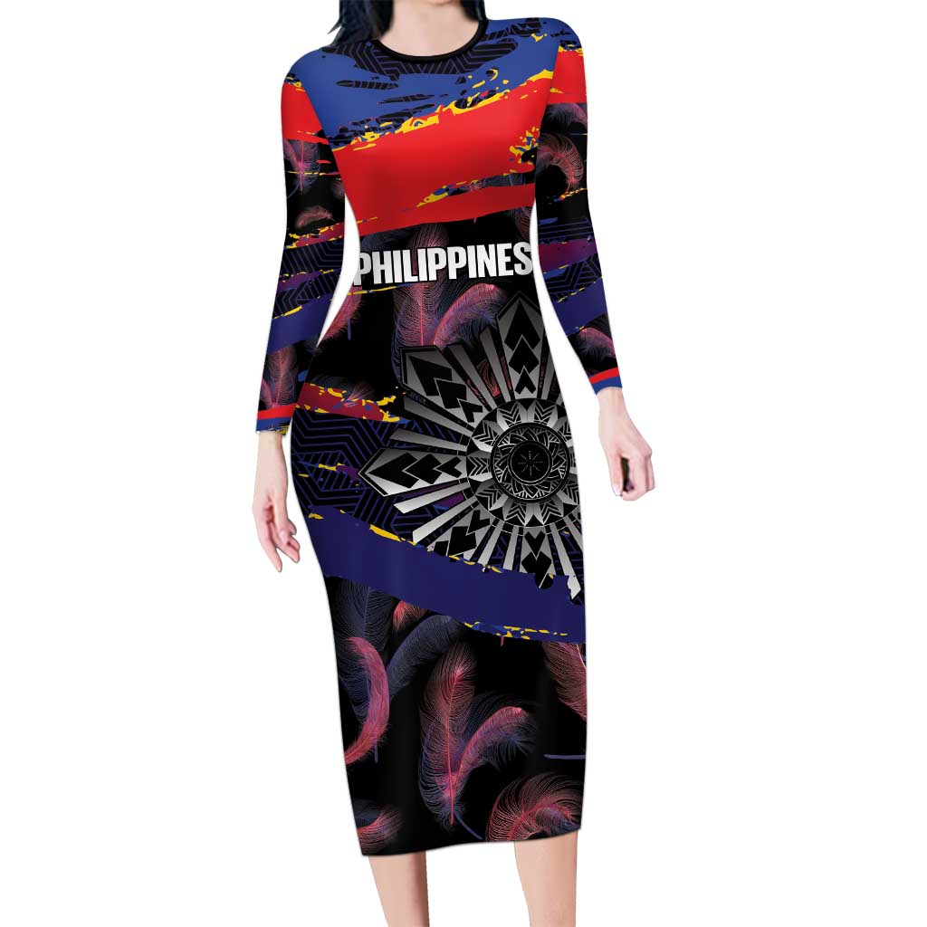 Philippines Sun Tattoo Long Sleeve Bodycon Dress Feathers Filipinas Grunge Style Black