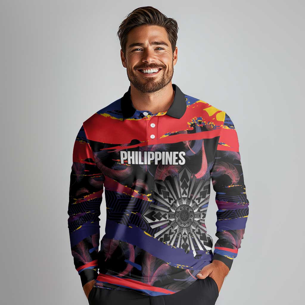 Philippines Sun Tattoo Long Sleeve Polo Shirt Feathers Filipinas Grunge Style Black