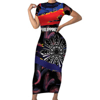 Philippines Sun Tattoo Short Sleeve Bodycon Dress Feathers Filipinas Grunge Style Black