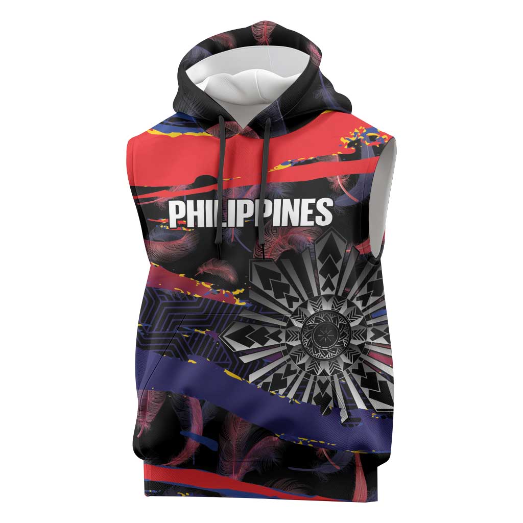 Philippines Sun Tattoo Sleeveless Hoodie Feathers Filipinas Grunge Style Black