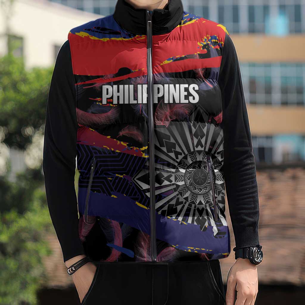 Philippines Sun Tattoo Sleeveless Puffer Jacket Feathers Filipinas Grunge Style Black