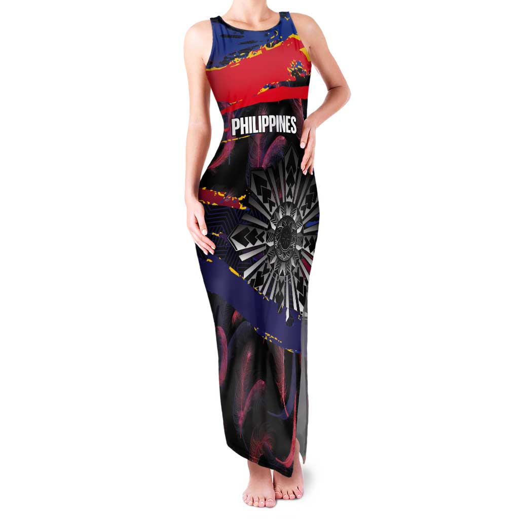 Philippines Sun Tattoo Tank Maxi Dress Feathers Filipinas Grunge Style Black LT14 Women Black - Polynesian Pride