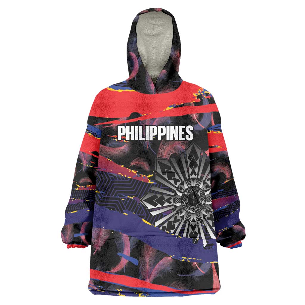Philippines Sun Tattoo Wearable Blanket Hoodie Feathers Filipinas Grunge Style Black