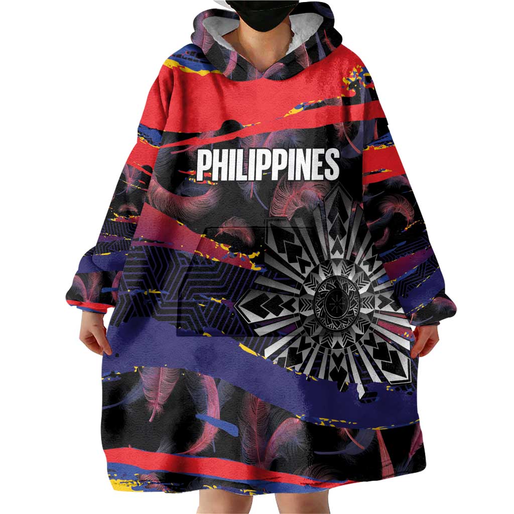 Philippines Sun Tattoo Wearable Blanket Hoodie Feathers Filipinas Grunge Style Black