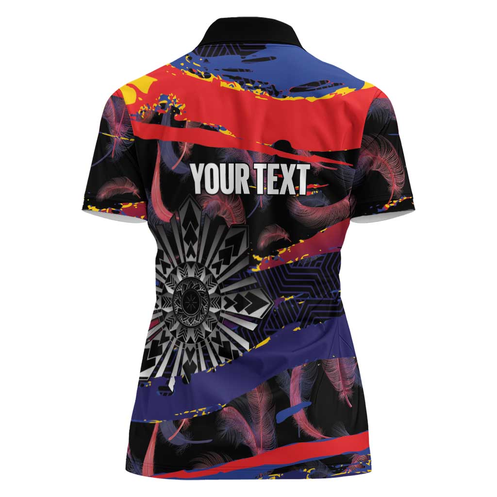 Philippines Sun Tattoo Women Polo Shirt Feathers Filipinas Grunge Style Black