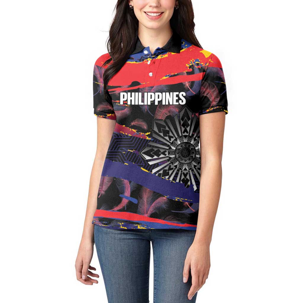 Philippines Sun Tattoo Women Polo Shirt Feathers Filipinas Grunge Style Black