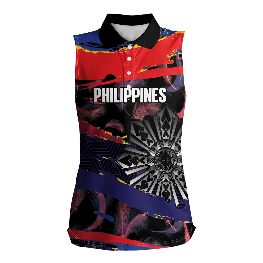 Philippines Sun Tattoo Women Sleeveless Polo Shirt Feathers Filipinas Grunge Style Black