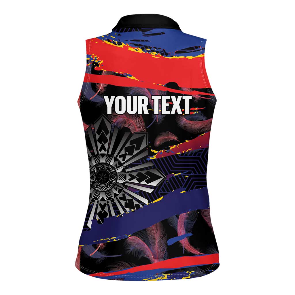 Philippines Sun Tattoo Women Sleeveless Polo Shirt Feathers Filipinas Grunge Style Black