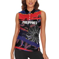 Philippines Sun Tattoo Women Sleeveless Polo Shirt Feathers Filipinas Grunge Style Black