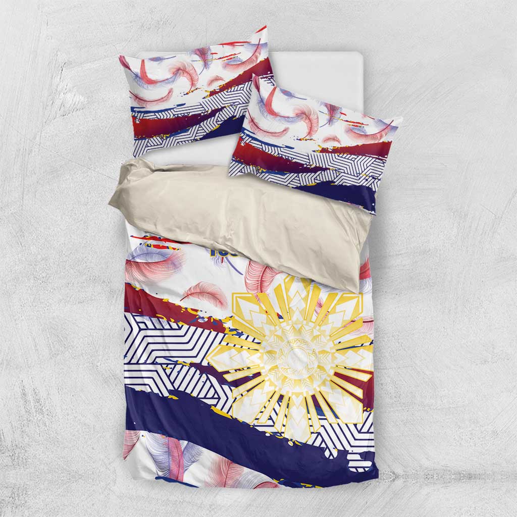 Philippines Sun Tattoo Bedding Set Feathers Filipinas Grunge Style White