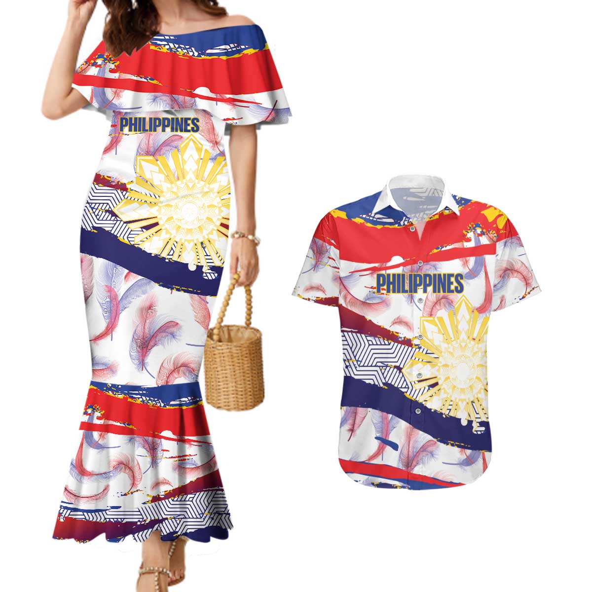 Philippines Sun Tattoo Couples Matching Mermaid Dress and Hawaiian Shirt Feathers Filipinas Grunge Style White