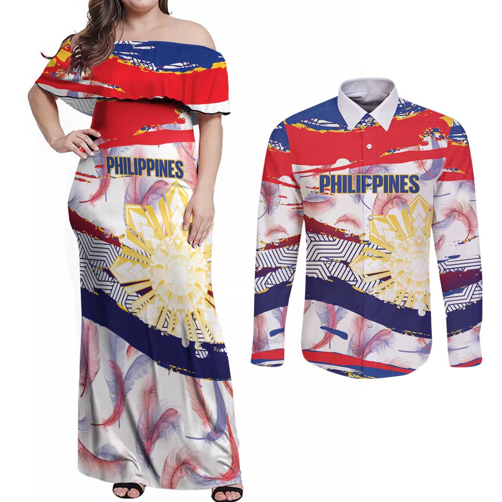 Philippines Sun Tattoo Couples Matching Off Shoulder Maxi Dress and Long Sleeve Button Shirt Feathers Filipinas Grunge Style White