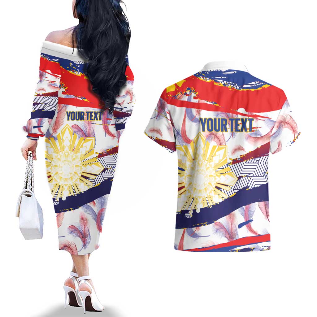 Philippines Sun Tattoo Couples Matching Off The Shoulder Long Sleeve Dress and Hawaiian Shirt Feathers Filipinas Grunge Style White