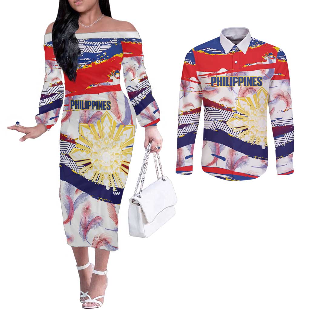 Philippines Sun Tattoo Couples Matching Off The Shoulder Long Sleeve Dress and Long Sleeve Button Shirt Feathers Filipinas Grunge Style White