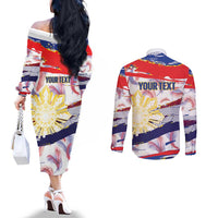 Philippines Sun Tattoo Couples Matching Off The Shoulder Long Sleeve Dress and Long Sleeve Button Shirt Feathers Filipinas Grunge Style White
