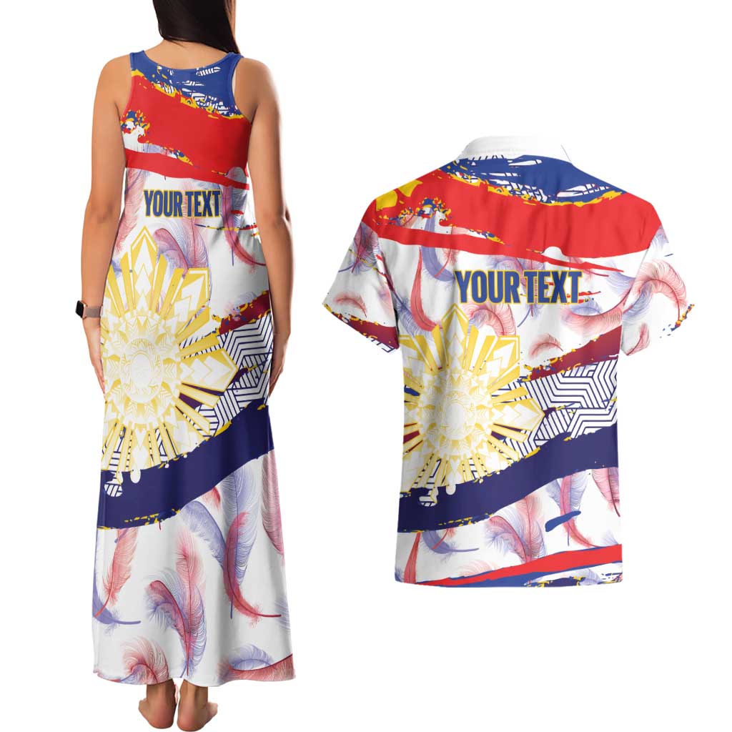 Philippines Sun Tattoo Couples Matching Tank Maxi Dress and Hawaiian Shirt Feathers Filipinas Grunge Style White