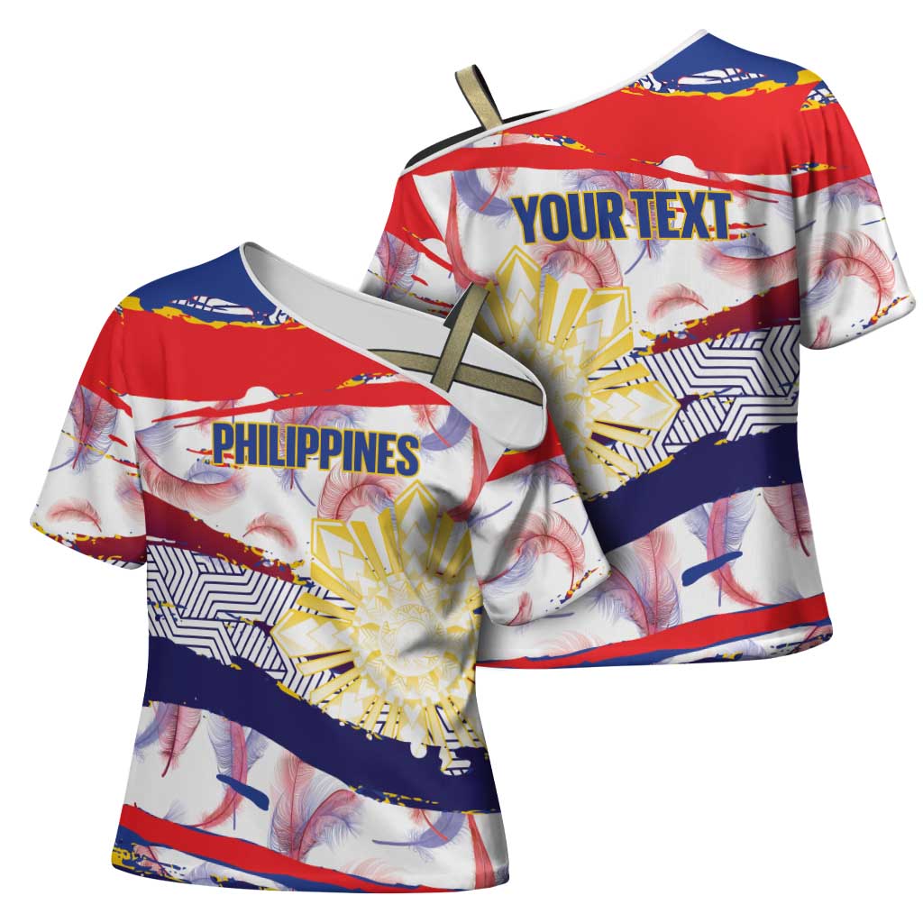 Philippines Sun Tattoo Cross Shoulder Shirt Feathers Filipinas Grunge Style White