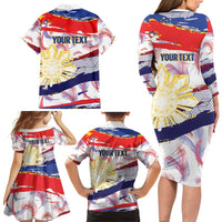 Philippines Sun Tattoo Family Matching Long Sleeve Bodycon Dress and Hawaiian Shirt Feathers Filipinas Grunge Style White LT14 - Polynesian Pride