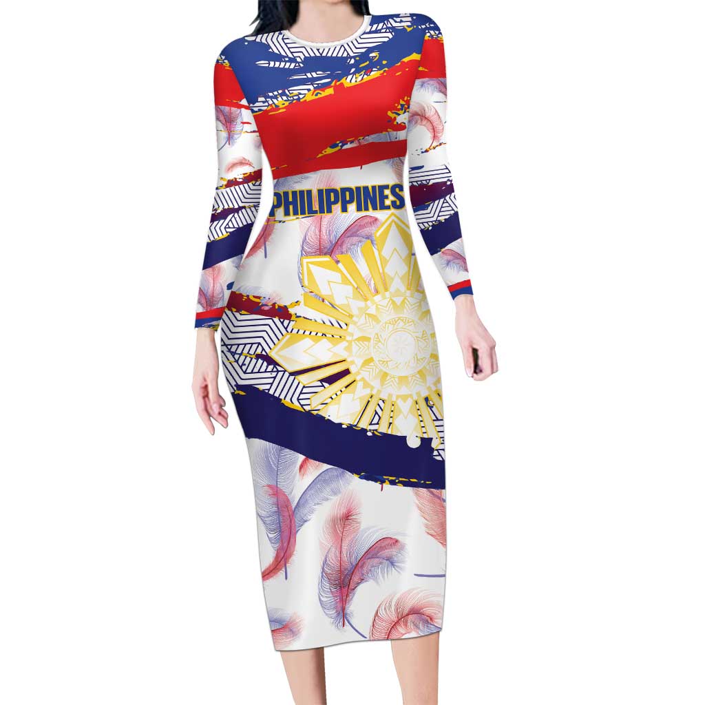 Philippines Sun Tattoo Family Matching Long Sleeve Bodycon Dress and Hawaiian Shirt Feathers Filipinas Grunge Style White LT14 Mom's Dress White - Polynesian Pride