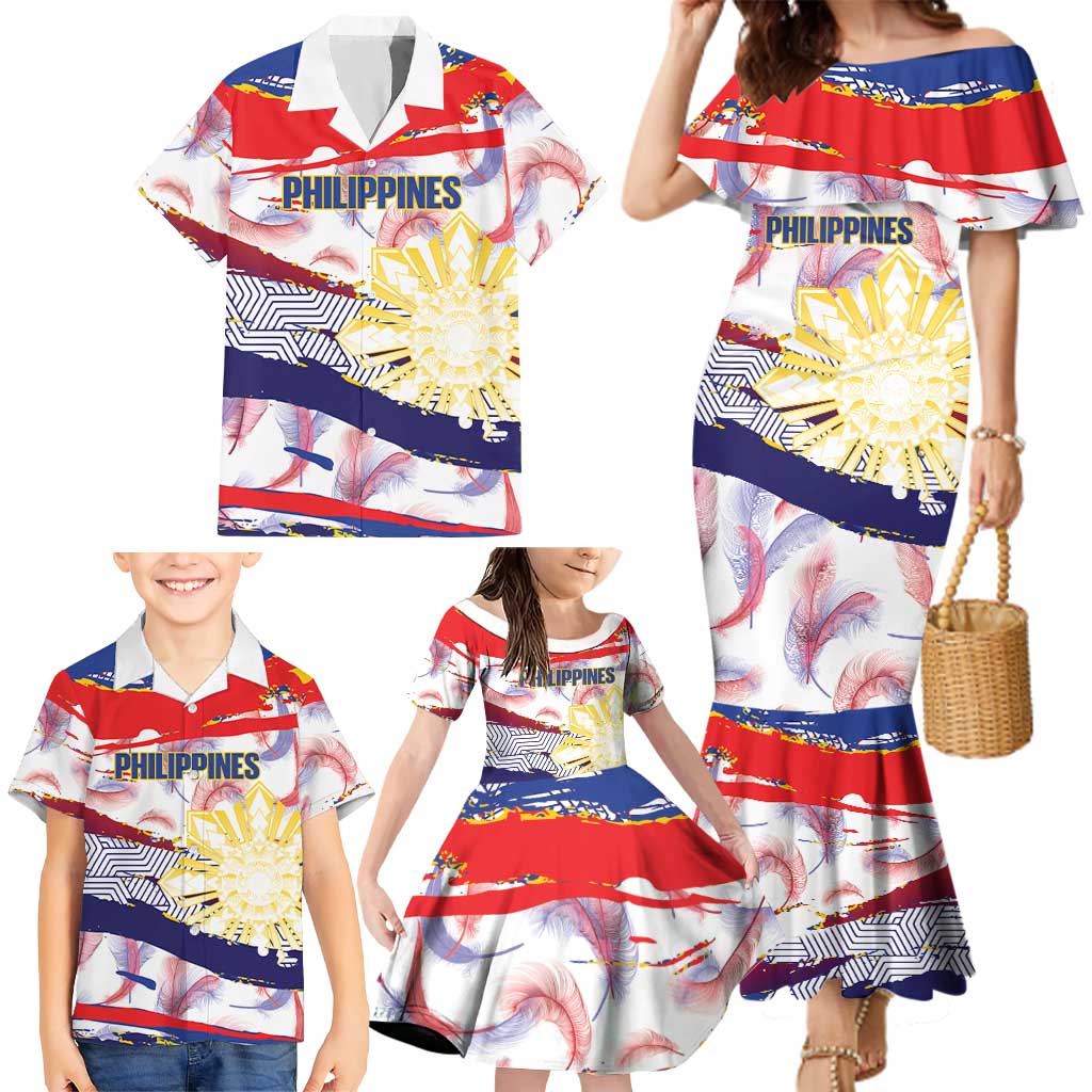 Philippines Sun Tattoo Family Matching Mermaid Dress and Hawaiian Shirt Feathers Filipinas Grunge Style White LT14 - Polynesian Pride